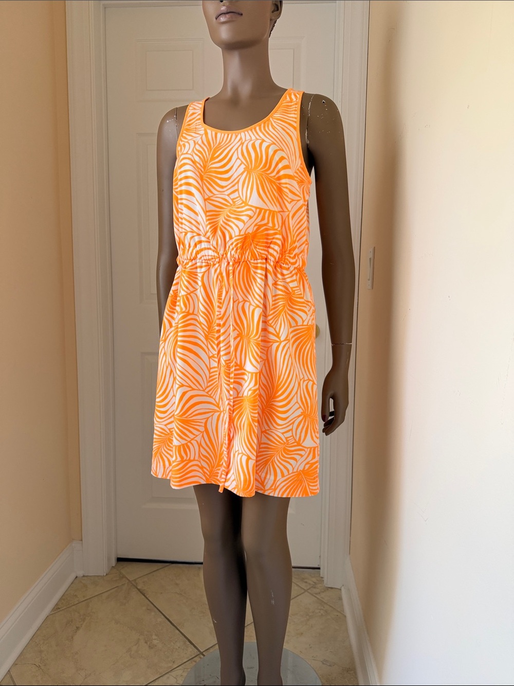 GAP Orange & White Printed Drawstring Tank Dress